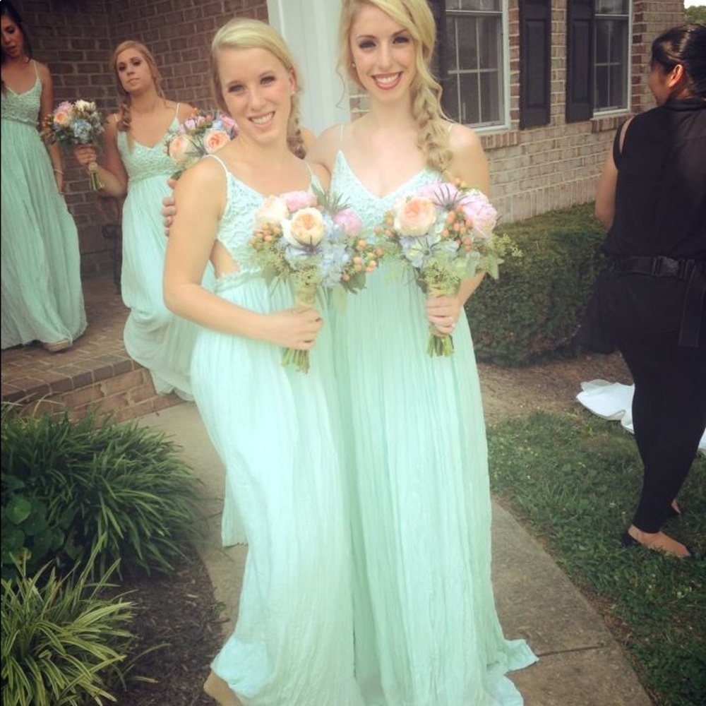 Mint green maxi dress, sexy low back, lace bodice